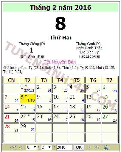 Tet am lich nam 2016 vao ngay nao duong lich
