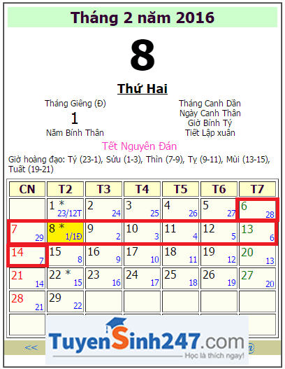 Lich nghi tet nguyen dan 2016 - tet am lich 2016