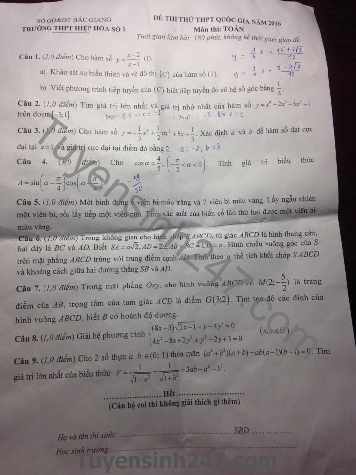 De thi thu thpt quoc gia mon toan 2016 THPT Hiep hoa so 1