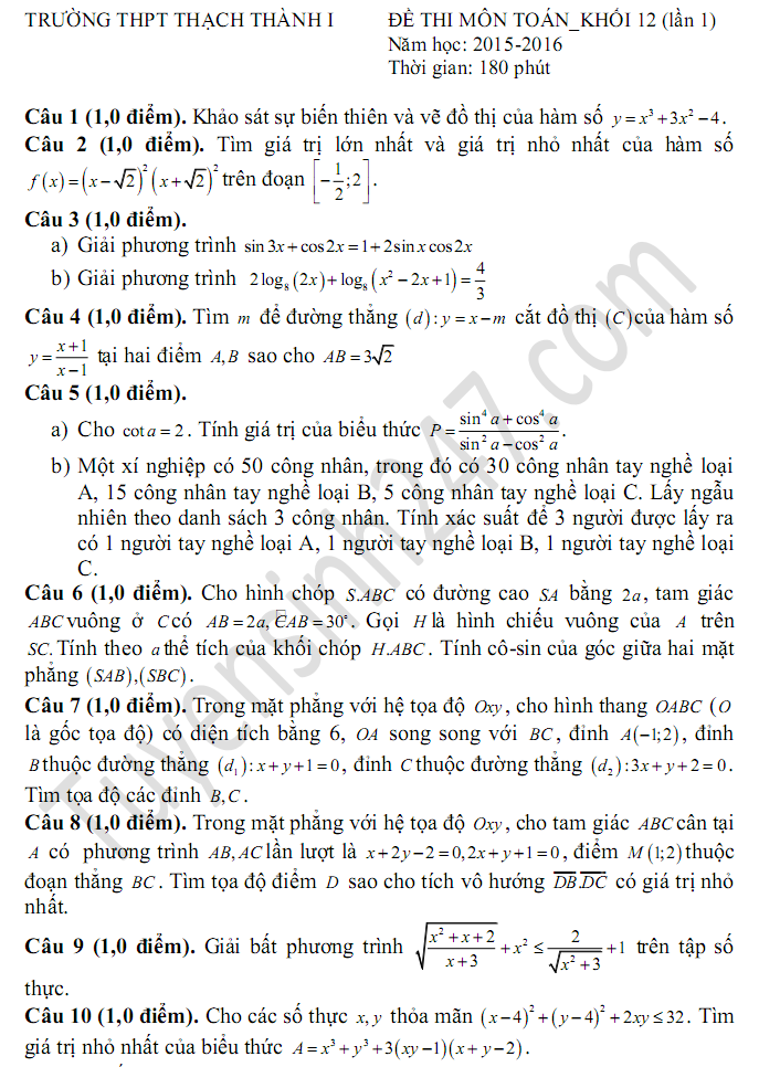 De thi thu THPT Quoc gia mon Toan THPT Thach Thanh 1 2016