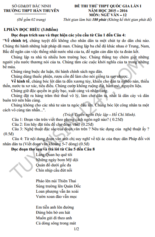 De thi thu THPT Quoc gia mon Van nam 2016 - THPT Han Thuyen