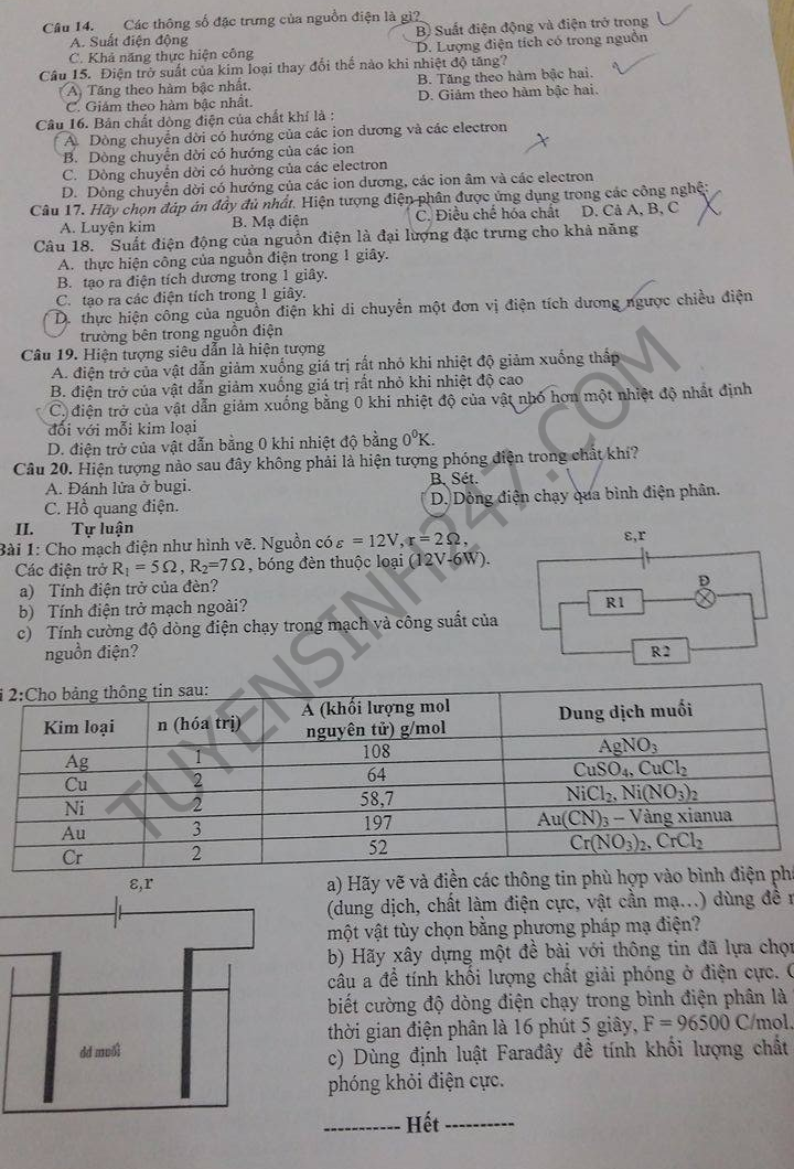 De thi hoc ki 1 lop 11 mon Ly THPT Nguyen Binh Khiem 2015