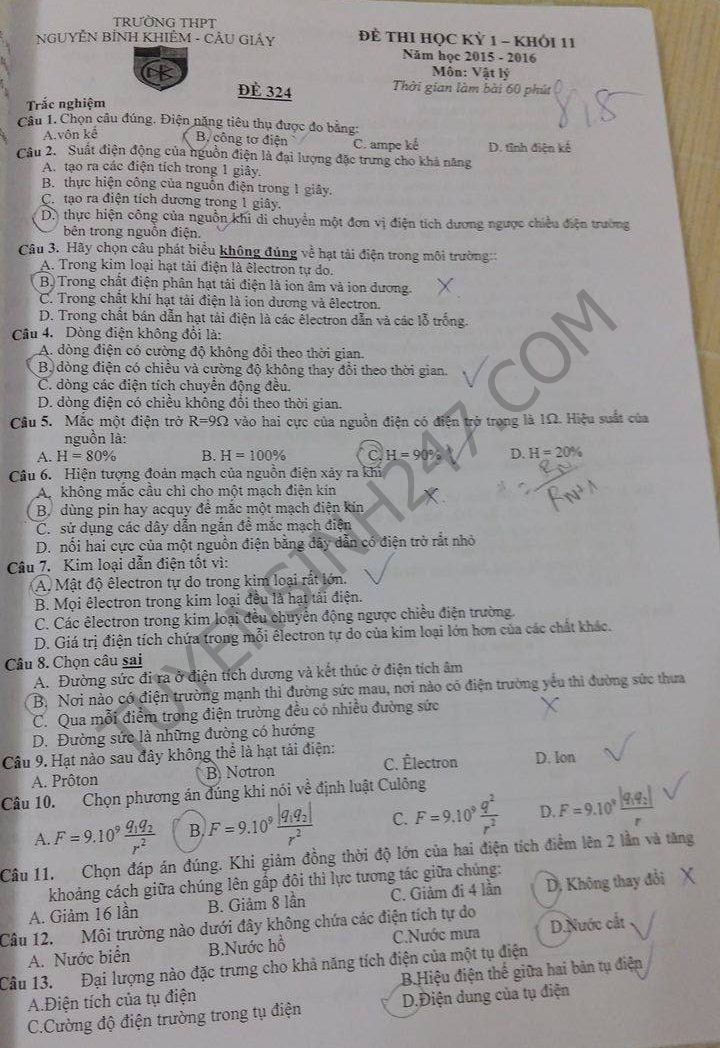 De thi hoc ki 1 lop 11 mon Ly THPT Nguyen Binh Khiem 2015