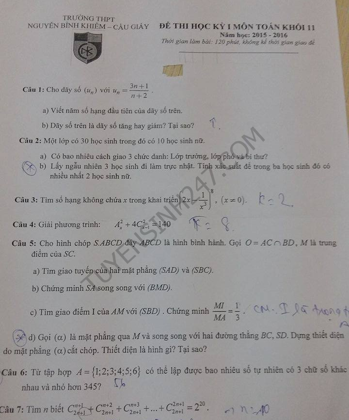 De thi hoc ki 1 lop 11 mon Toan 2015 THPT Nguyen Binh Khiem