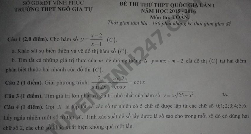 De thi thu THPT Quoc gia mon Toan 2016 THPT Ngo Gia Tu