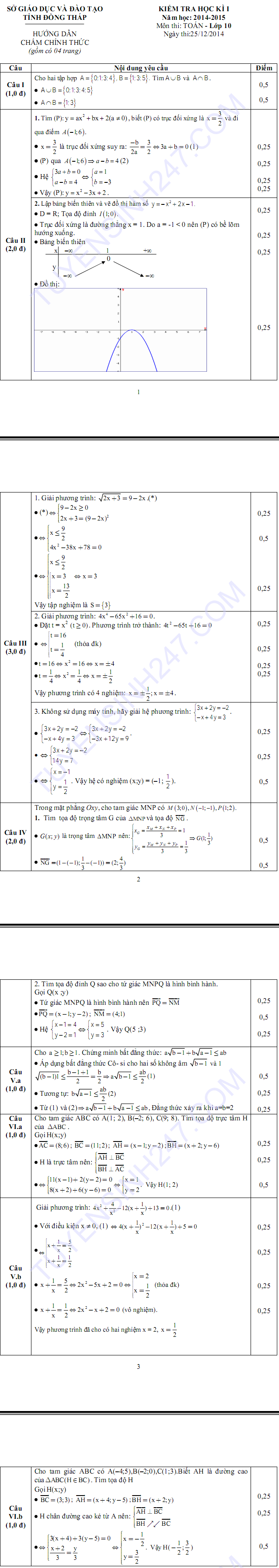 De thi hoc ki 1 lop 10 mon Toan nam 2015 - Dong Thap
