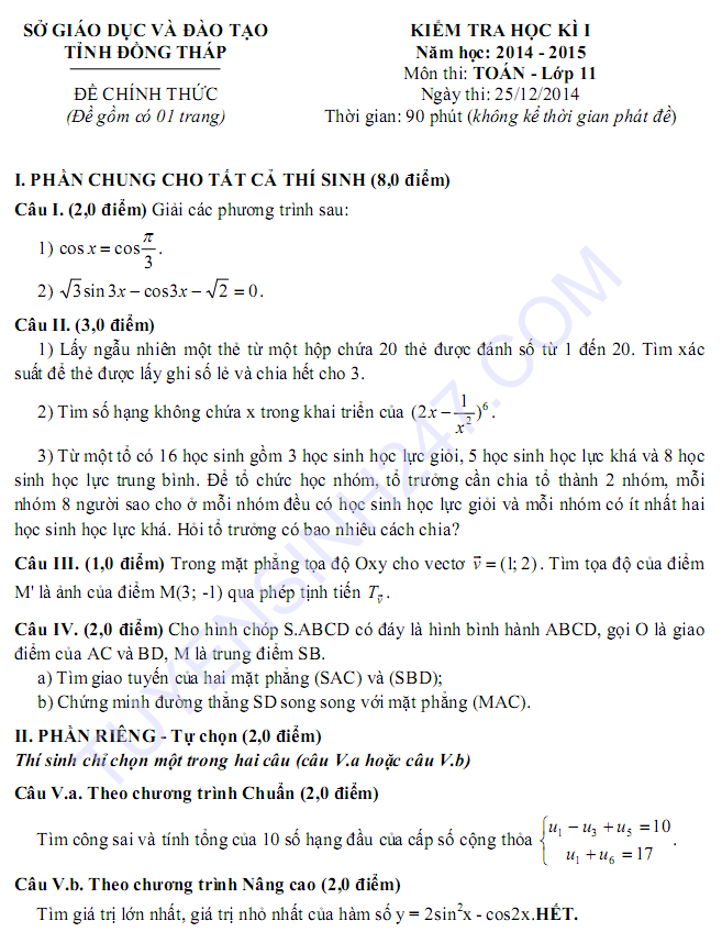 De thi hoc ki 1 lop 11 mon Toan 2015 - Dong Thap