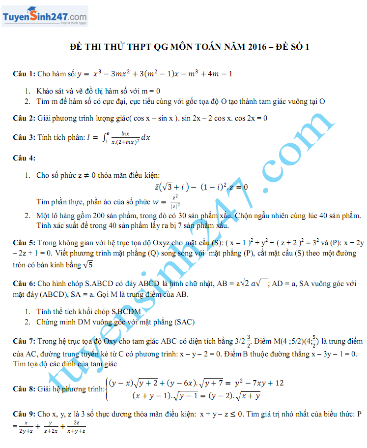 De thi thu THPT Quoc gia mon Toan 2016 - Thay Vuong (Co video chua)