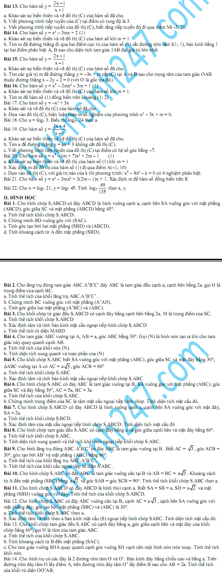 De cuong on tap mon Toan hoc ki 1 lop 12 nam 2015