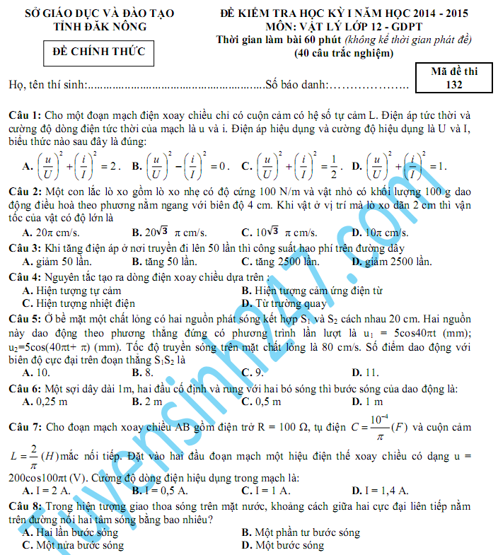 De thi hoc ki 1 lop 12 mon Ly nam 2015 - Dac Nong