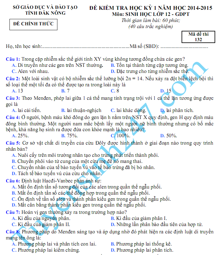 De thi hoc ki 1 lop 12 mon Sinh 2015 - So Dac Nong