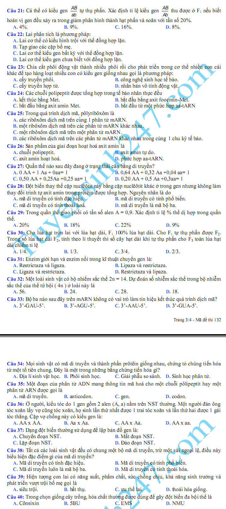 De thi hoc ki 1 lop 12 mon Sinh 2015 - So Dac Nong