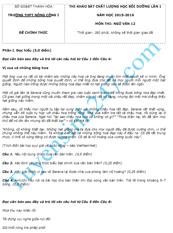 De thi thu THPT Quoc gia mon Van lan 1 nam 2016 - THPT Nong Cong 1