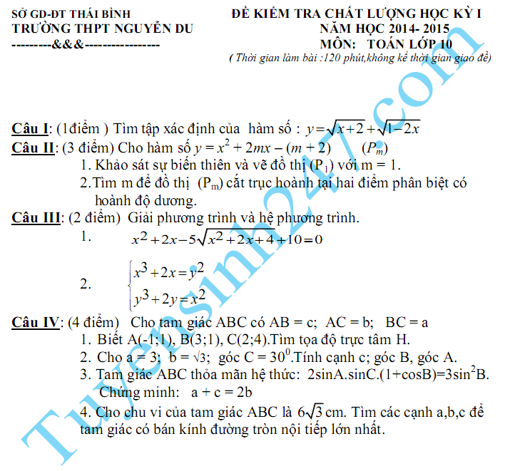 De thi hoc ki 1 lop 10 mon Toan THPT Nguyen Du 2015
