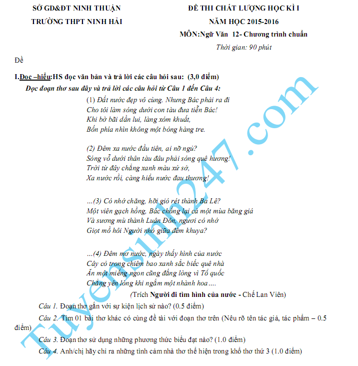 De thi hoc ki 1 lop 12 mon Van 2015 - THPT Ninh Hai