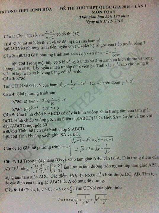 De thi thu THPT Quoc gia mon Toan THPT Dinh Hoa 2016 lan 1