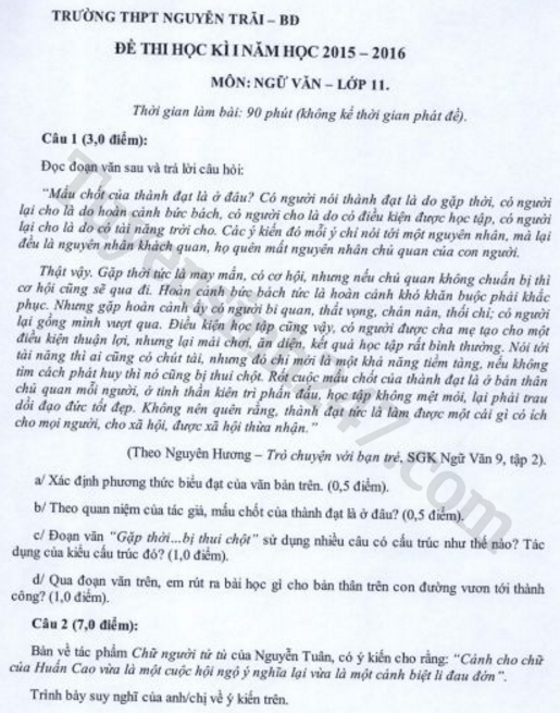 De thi hoc ki 1 lop 11 mon Van - THPT Nguyen Trai nam 2015