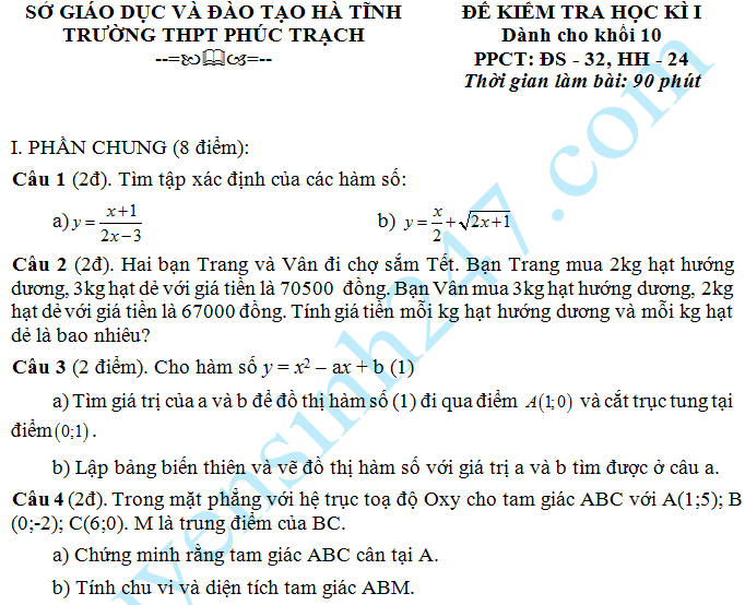 De thi hoc ki 1 lop 10 mon Toan THPT Phuc Trach 2015
