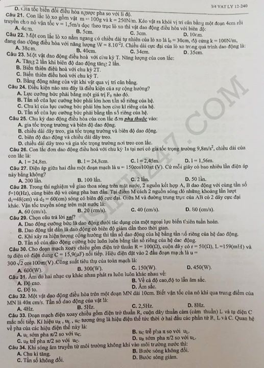 De thi hoc ki 1 lop 12 mon Ly nam 2015 - Binh Duong
