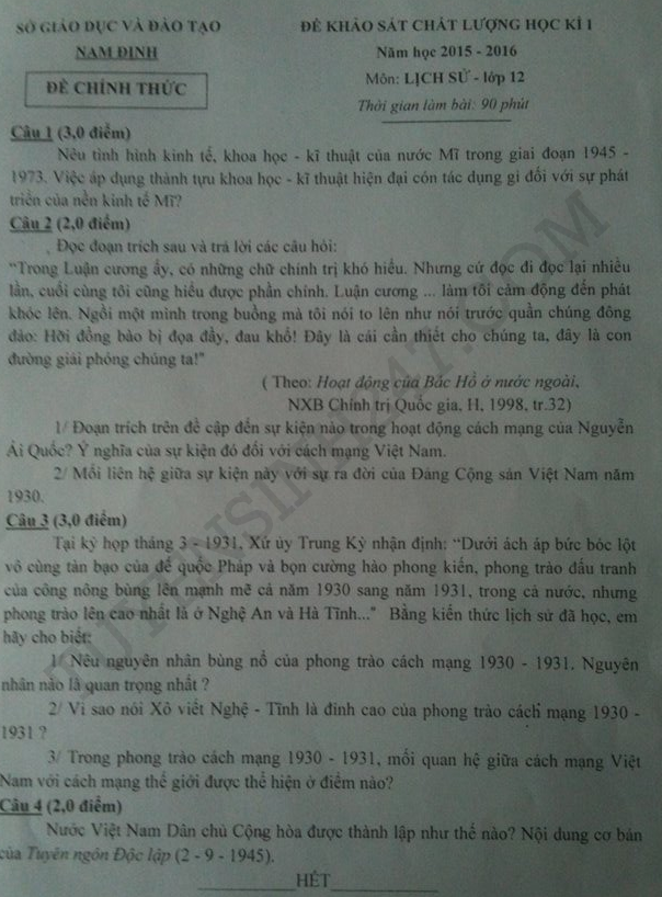 De thi hoc ki 1 lop 12 mon Su 2015 - Nam Dinh