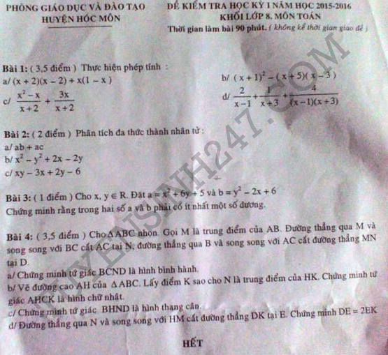 De thi hoc ki 1 lop 8 mon Toan 2015 - Hoc Mon