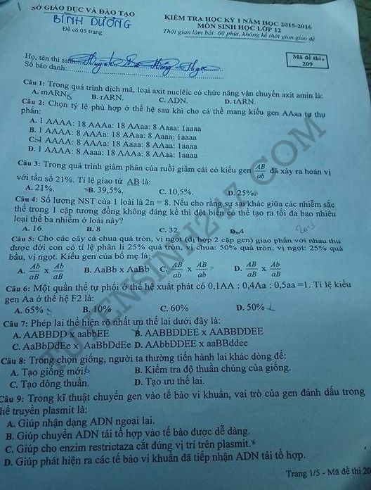 De thi hoc ki 1 lop 12 mon Sinh 2015 - Binh Duong