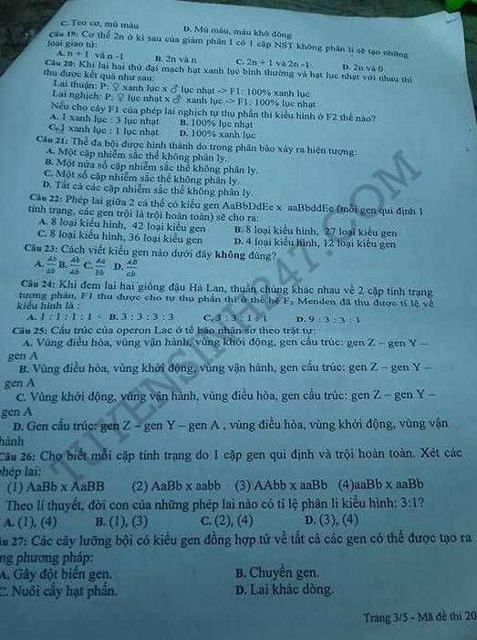 De thi hoc ki 1 lop 12 mon Sinh 2015 - Binh Duong