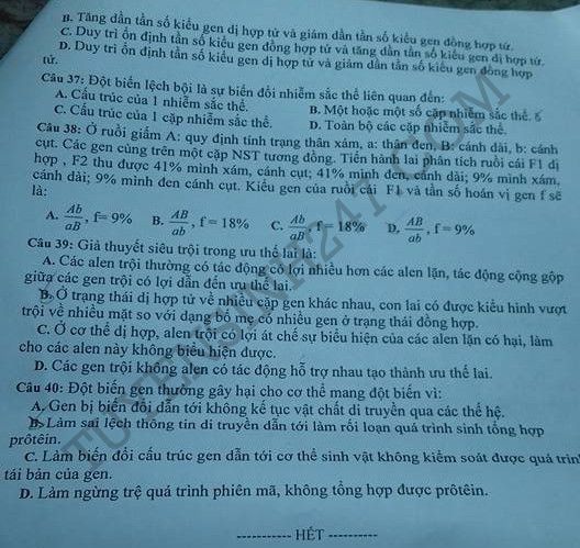 De thi hoc ki 1 lop 12 mon Sinh 2015 - Binh Duong