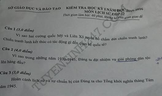 De thi hoc ki 1 lop 12 mon Su nam 2015 tinh Binh Duong