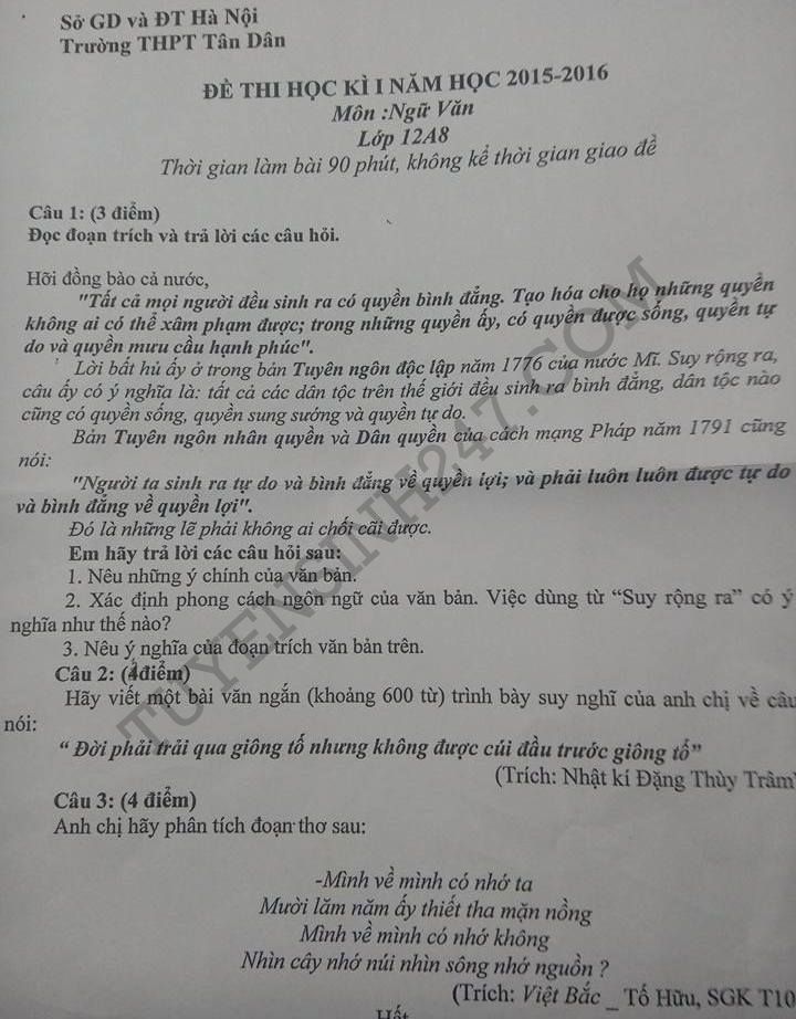 De thi hoc ki 1 lop 12 mon Van 2015 - THPT Tan Dan