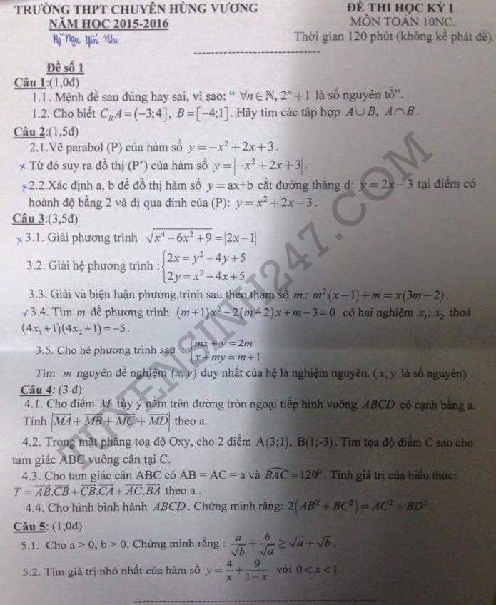 De thi hoc ki 1 lop 10 mon Toan THPT chuyen Hung Vuong 2015