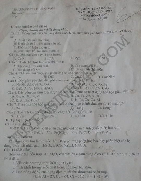 De thi hoc ki 1 lop 9 mon Hoa THCS Trung Van 2015
