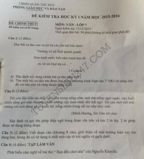 De thi hoc ki 1 lop 7 mon Van 2015 - Quan Thu Duc