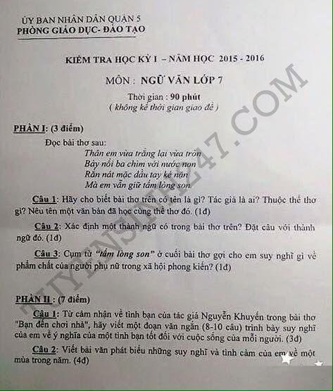 De thi hoc ki 1 lop 7 mon Van 2015 - Quan 5
