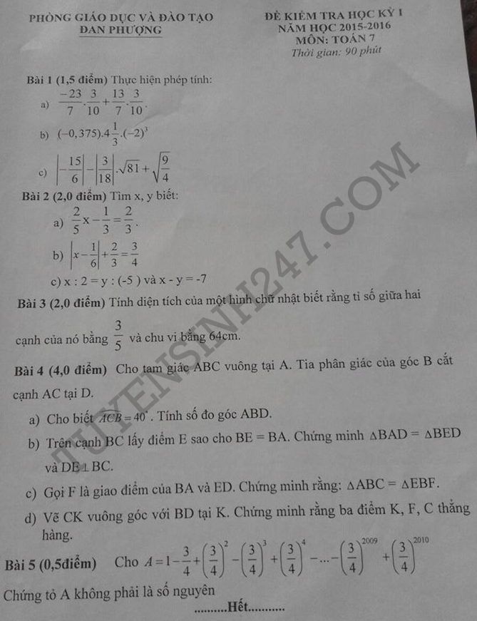 De thi hoc ki 1 lop 7 mon Toan nam 2015 - Dan Phuong