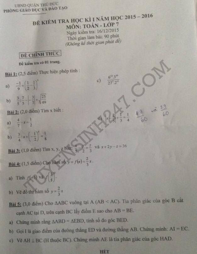 De thi hoc ki 1 lop 7 mon Toan 2015 quan Thu Duc