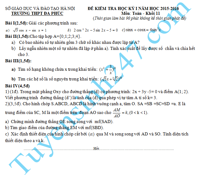 De thi cuoi hoc ki 1 lop 11 mon Toan - THPT Da Phuc nam 2015