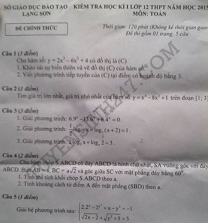 De thi hoc ki 1 lop 12 mon Toan 2015 tinh Lang Son