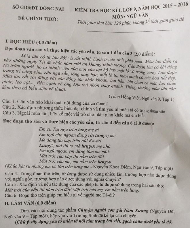 De thi hoc ki 1 lop 9 mon Van tinh Dong Nai 2015