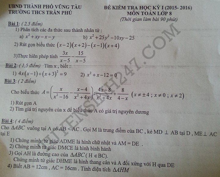 De thi hoc ki 1 lop 8 mon Toan THCS Tran Phu 2015