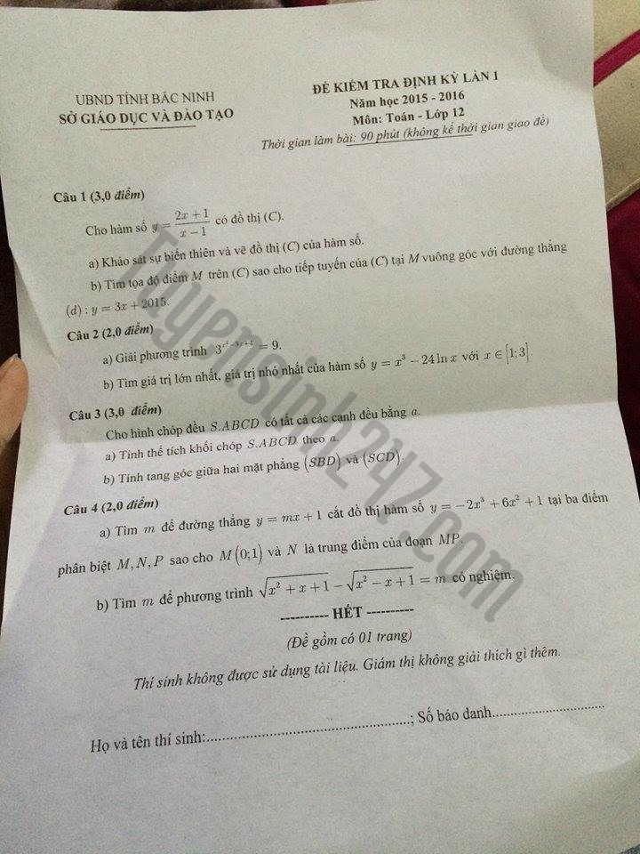 De thi cuoi hoc ki 1 lop 12 mon Toan - Bac Ninh nam 2015