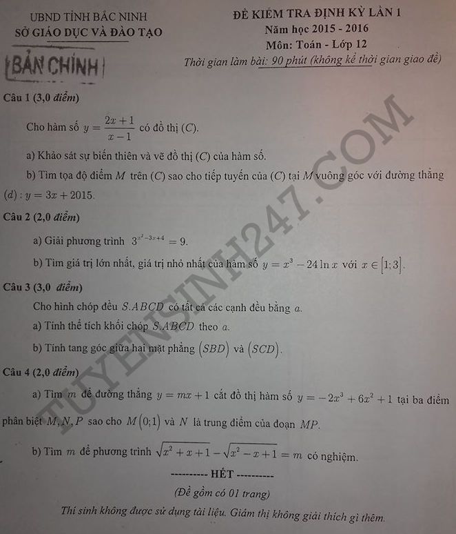 De thi hoc ki 1 lop 12 mon Toan 2015 - Bac Ninh