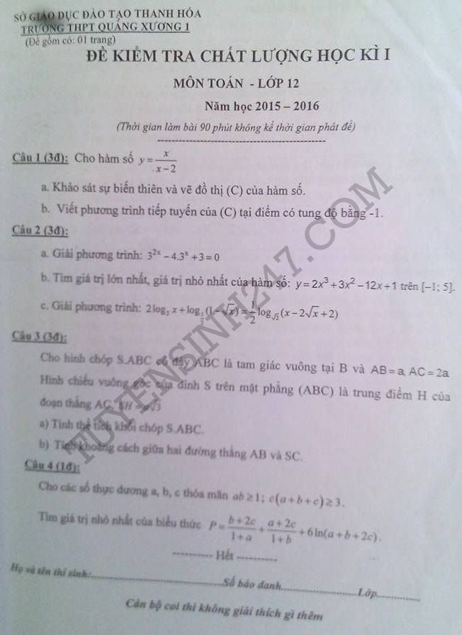 De thi hoc ki 1 lop 12 mon Toan THPT Quang Xuong 2015