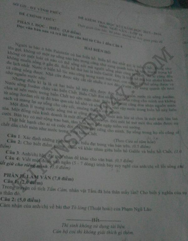 De thi hoc ki 1 lop 10 mon Van tinh Vinh Phuc 2015