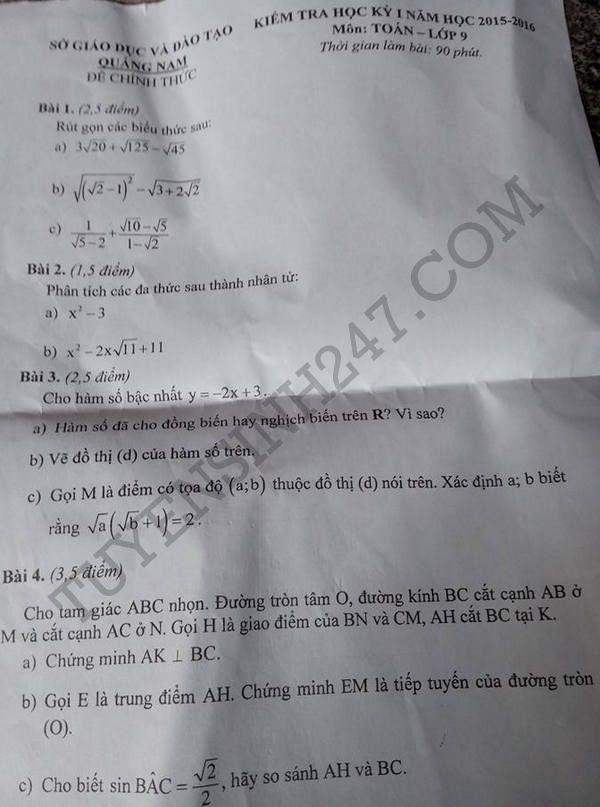 De thi hoc ki 1 lop 9 mon Toan 2015 - So GD Quang Nam