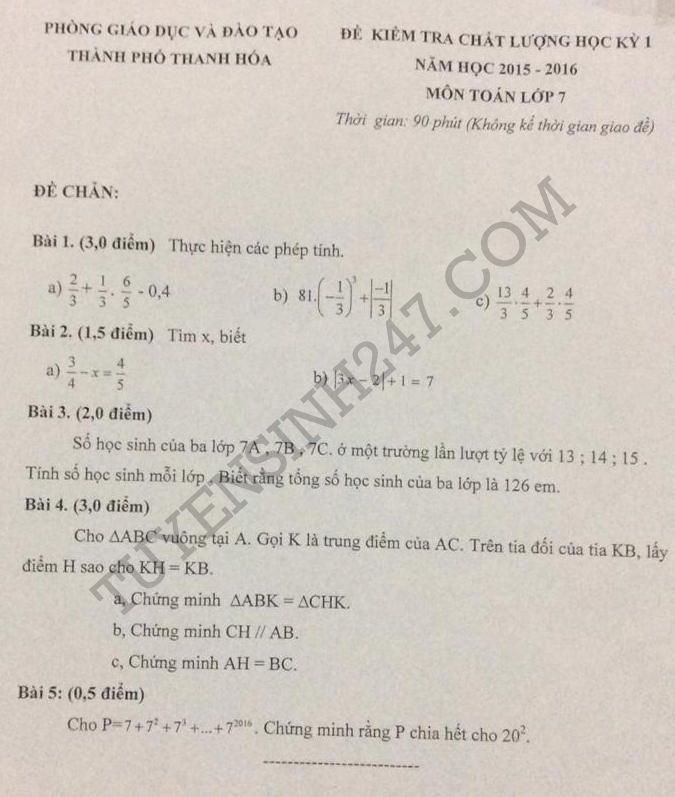 De thi hoc ki 1 lop 7 mon Toan 2015 - Thanh Hoa