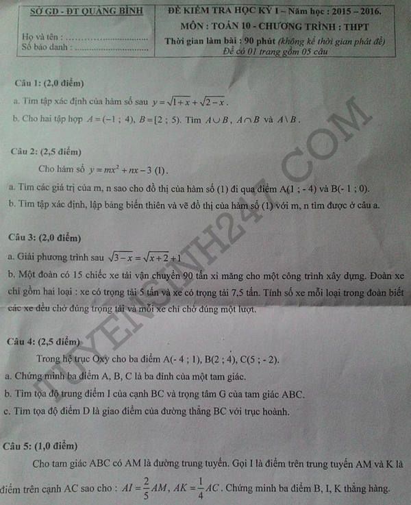 De thi cuoi hoc ki 1 lop 10 mon Toan So Quang Binh 2015