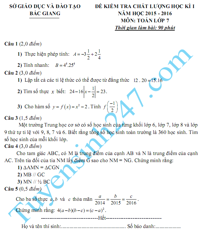 De thi hoc ki 1 lop 7 mon Toan nam 2015 - Bac Giang