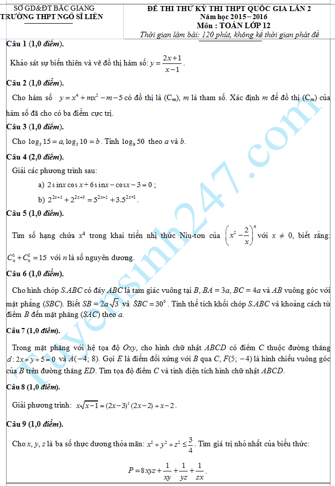 De thi thu THPT Quoc gia mon Toan nam 2016 - THPT Ngo Si Lien