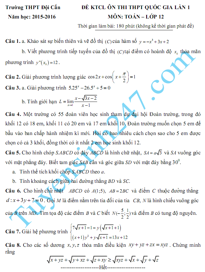 De thi thu THPT Quoc gia mon Toan 2016 - THPT Doi Can Lan 1